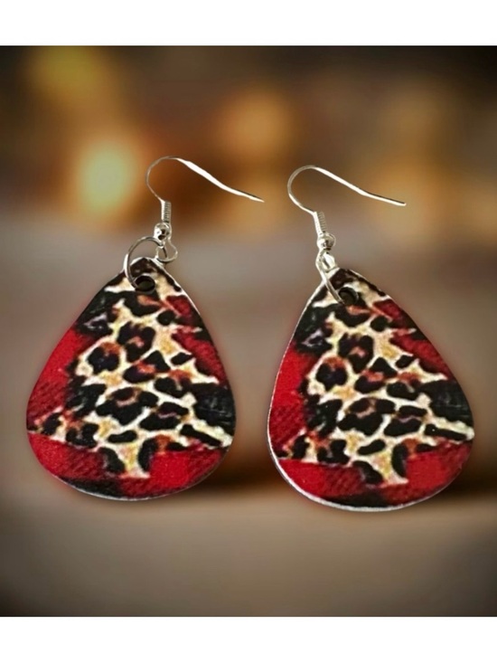 Jewelry - ⭐️ 5 for $25 Wood Festive Christmas Animal Print Tree Holiday Hoop Earrings